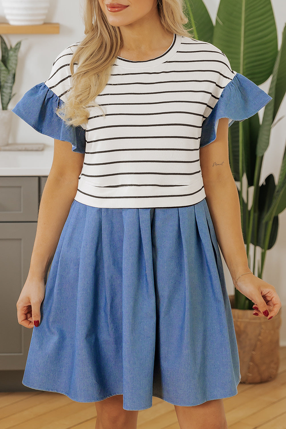Black Stripe Ruffle Denim Patchwork Round Neck Mini Dress Mini Dresses JT's Designer Fashion