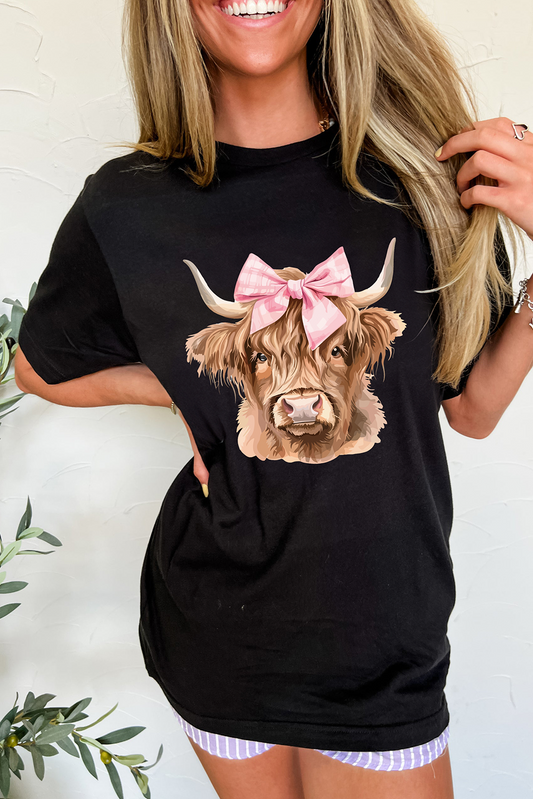 Black Bow Cow Head Graphic Western Fashion T Shirt Graphic Tees JT's Designer Fashion