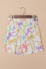 White Cheerful Bow Print Elastic Pull On Casual Shorts Casual Shorts JT's Designer Fashion
