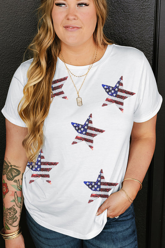 White Sequin American Flag Star Pattern Plus Size Tee White 65%Polyester+30%Viscose+5%Elastane Graphic Plus Size JT's Designer Fashion