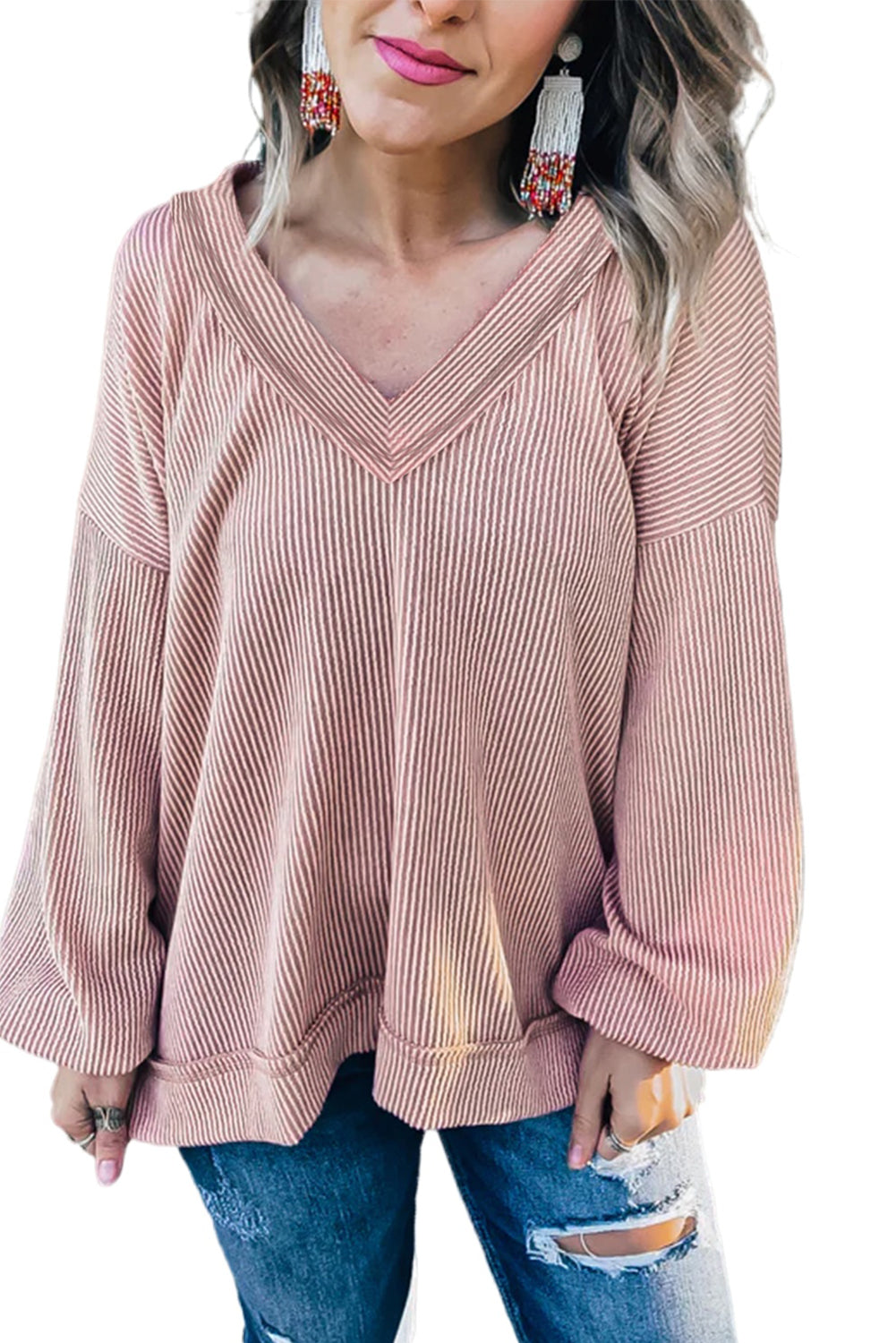 Peach Blossom Loose V Neck Bubble Sleeve Knit Ribbed Top Long Sleeve Tops JT's Designer Fashion