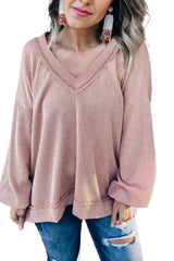 Peach Blossom Loose V Neck Bubble Sleeve Knit Ribbed Top Long Sleeve Tops JT's Designer Fashion