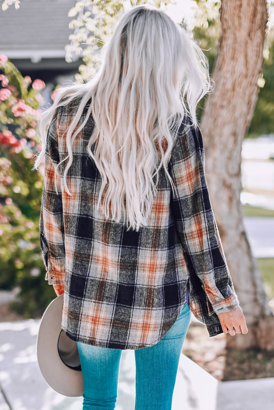 Black Oversize Rounded Hem Plaid Shacket with Slits Plaid Shackets JT's Designer Fashion
