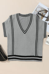Gray V Neck Contrast Stripes Trims Short Sleeve Sweater Sweaters & Cardigans JT's Designer Fashion