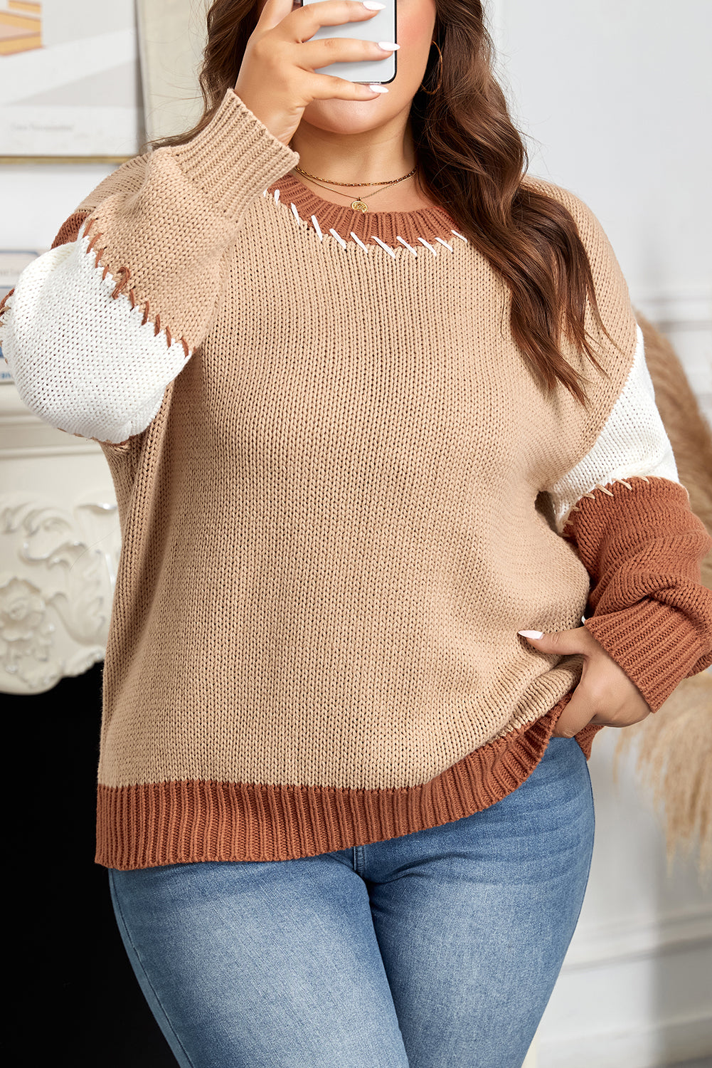 Light French Beige Contrast Stitch Detail Color Block Knitted Plus Size Sweater Plus Size Sweaters & Cardigans JT's Designer Fashion