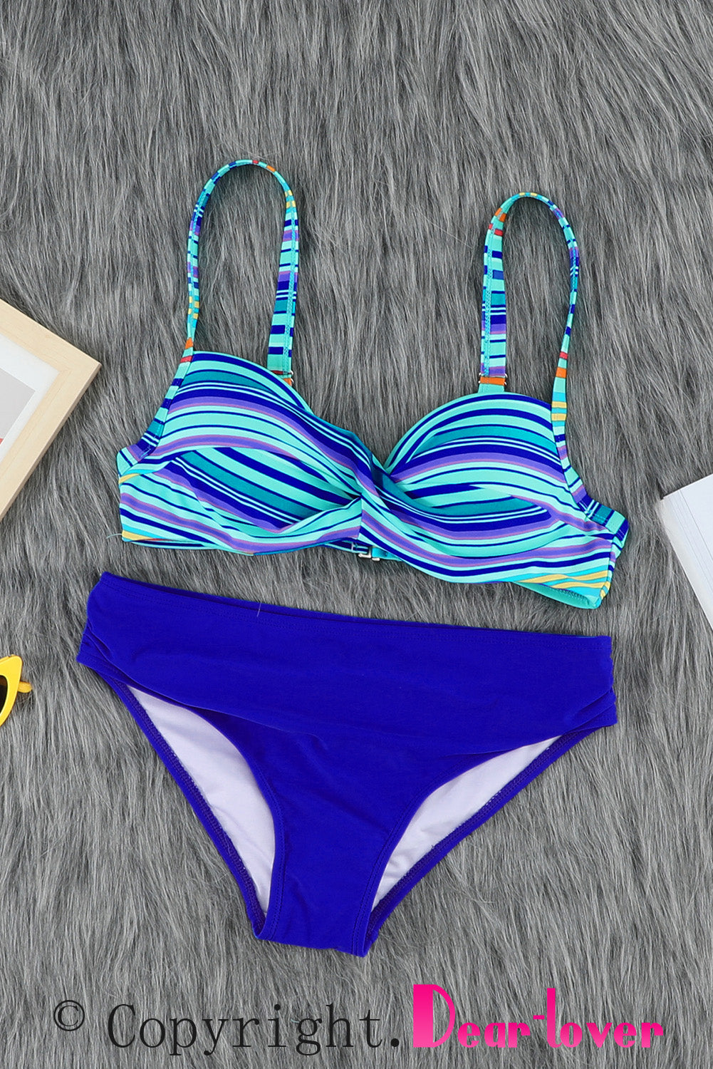Sky Blue Twisted Bust Striped Bikini Set Bikinis JT's Designer Fashion