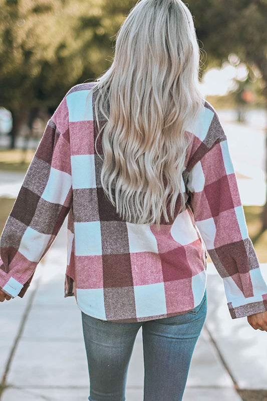 Plaid Color Block Buttoned Long Sleeve Jacket with Pocket Plaid Shackets JT's Designer Fashion