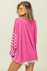 Rose Red Checkerboard Striped Patchwork Lantern Sleeve Pocketed Blouse Long Sleeve Tops JT's Designer Fashion
