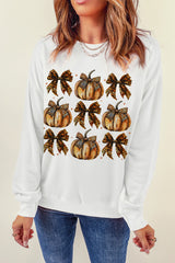 Beige Pumpkin Leopard Bow Knot Print Pullover Sweatshirt Graphic Sweatshirts JT's Designer Fashion