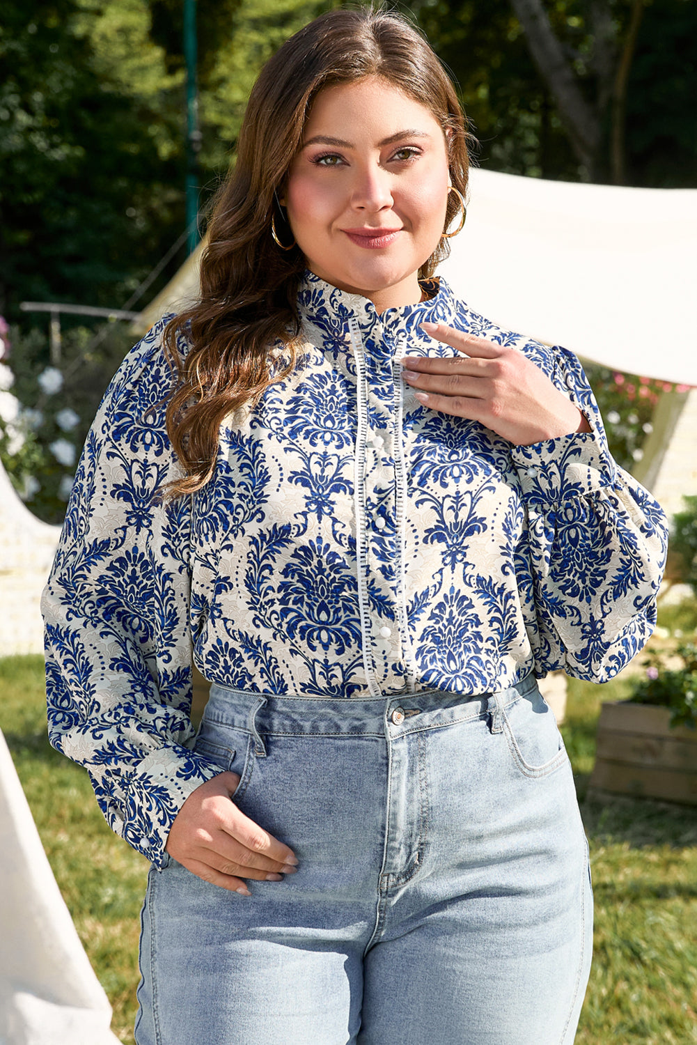 Sky Blue Tribal Pattern Print Notch Neck Buttoned Plus Size Shirt Plus Size Blouses & Shirts JT's Designer Fashion