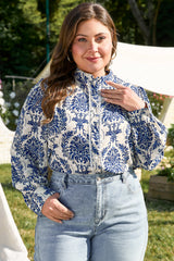 Sky Blue Tribal Pattern Print Notch Neck Buttoned Plus Size Shirt Plus Size Blouses & Shirts JT's Designer Fashion