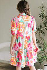 Pink Floral Puff Sleeve Collar Buttoned Babydoll Dress Floral Dresses JT's Designer Fashion