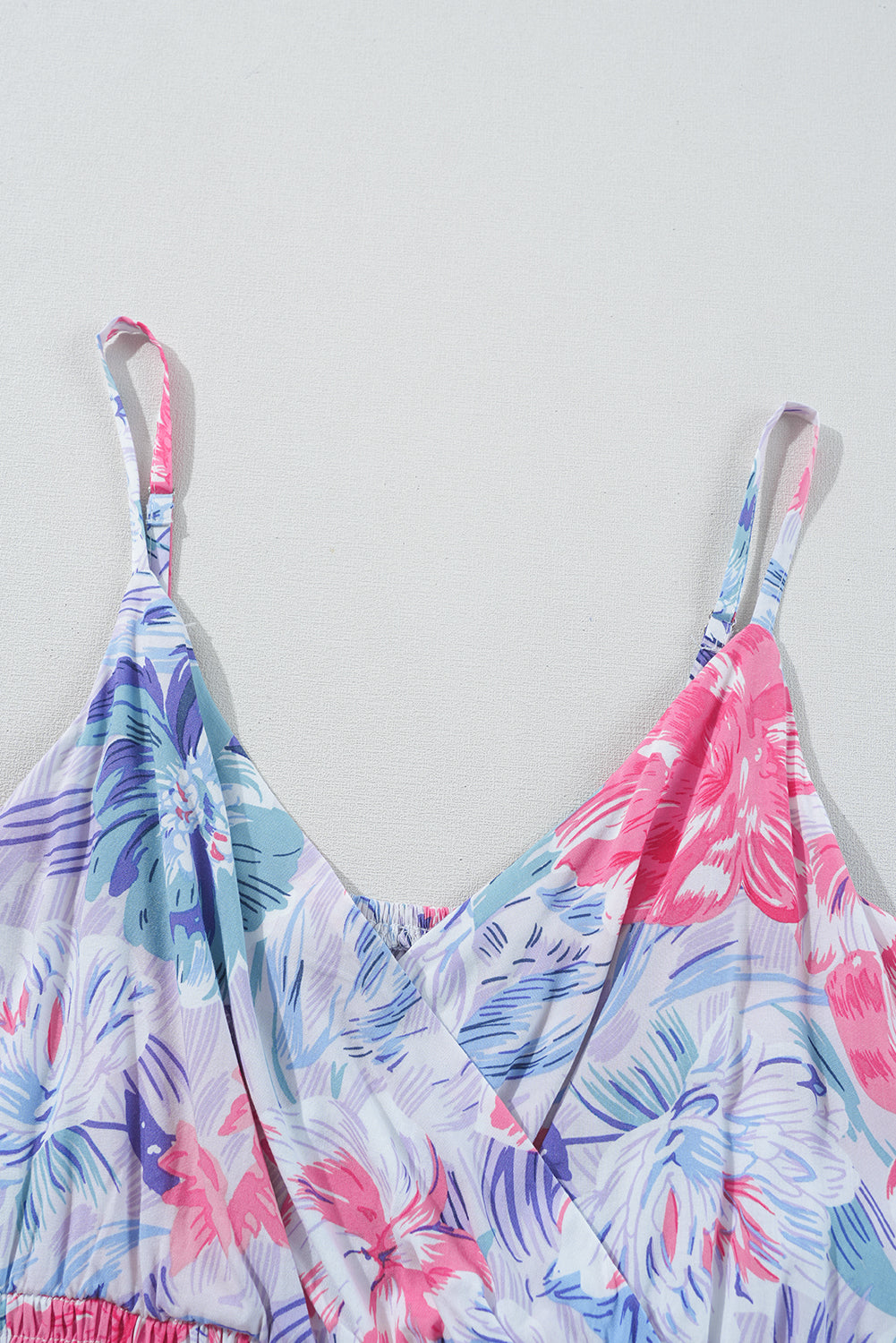 Sky Blue Floral Spaghetti Strap Surplice Neck Shirred Waist Mini Dress Floral Dresses JT's Designer Fashion
