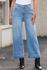Dusk Blue Raw Hem Straight Leg Loose High Waist Jeans Jeans JT's Designer Fashion