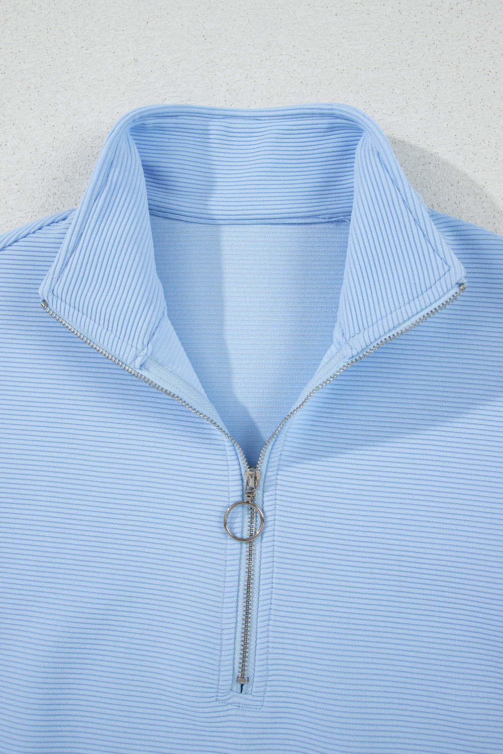 Beau Blue Ribbed Texture Half Zip Ruffled Short Sleeve Top and Shorts Set Short Sets JT's Designer Fashion
