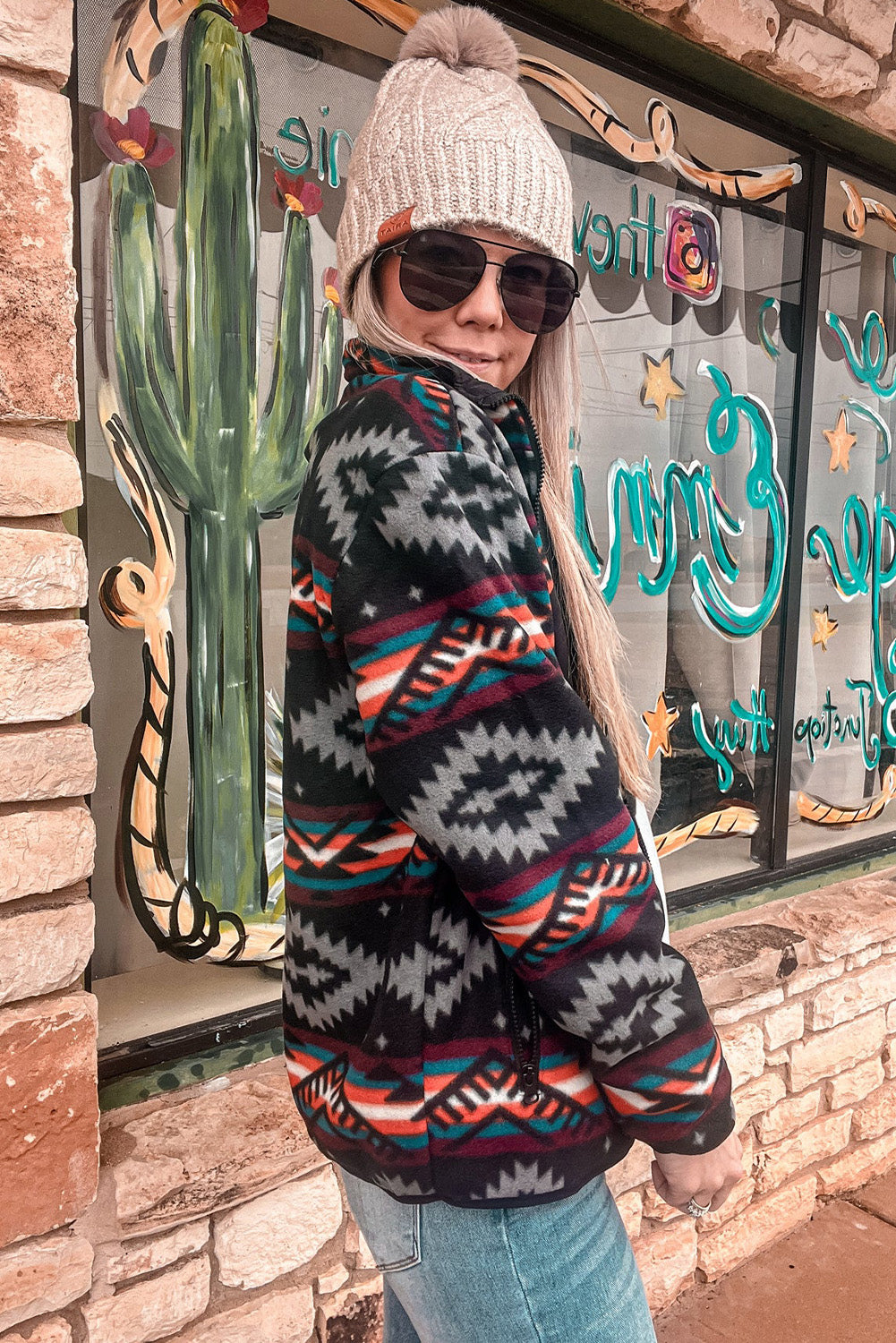 Black Aztec Printed Zip Up Collar Jacket Jackets JT's Designer Fashion