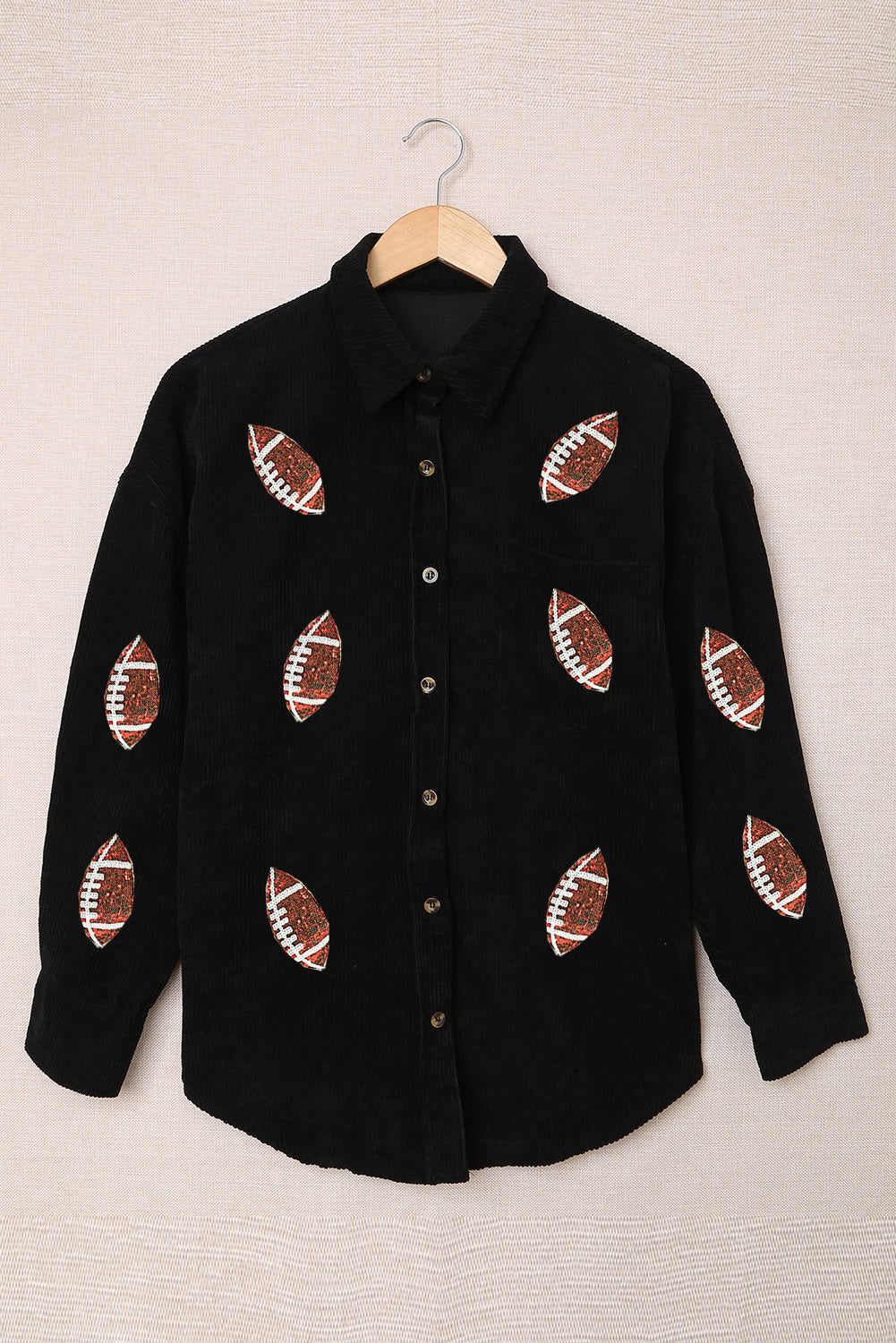 Black Sequin Rugby Pattern Buttoned Corduroy Shacket Jackets JT's Designer Fashion