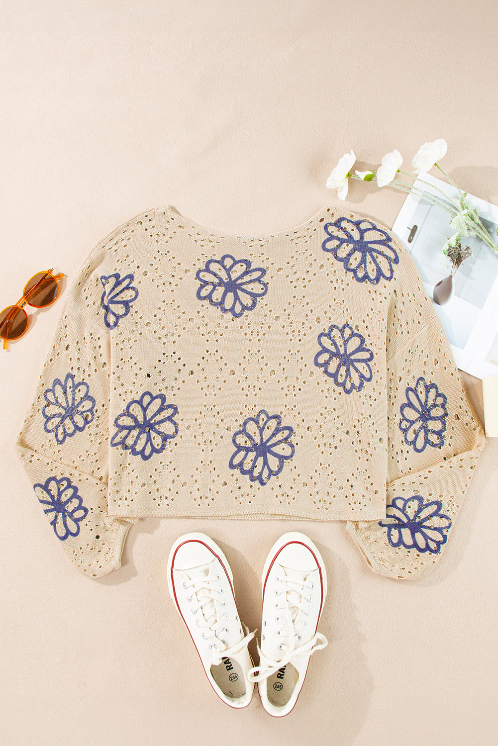 Beige Contrast Flower Print Eyelet Drop Shoulder Sweater Sweaters JT's Designer Fashion