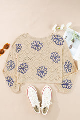 Beige Contrast Flower Print Eyelet Drop Shoulder Sweater Sweaters JT's Designer Fashion