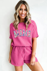 Rose Red MAMA Embroidered Leopard Letters Waffle Short Set Graphic Sets JT's Designer Fashion