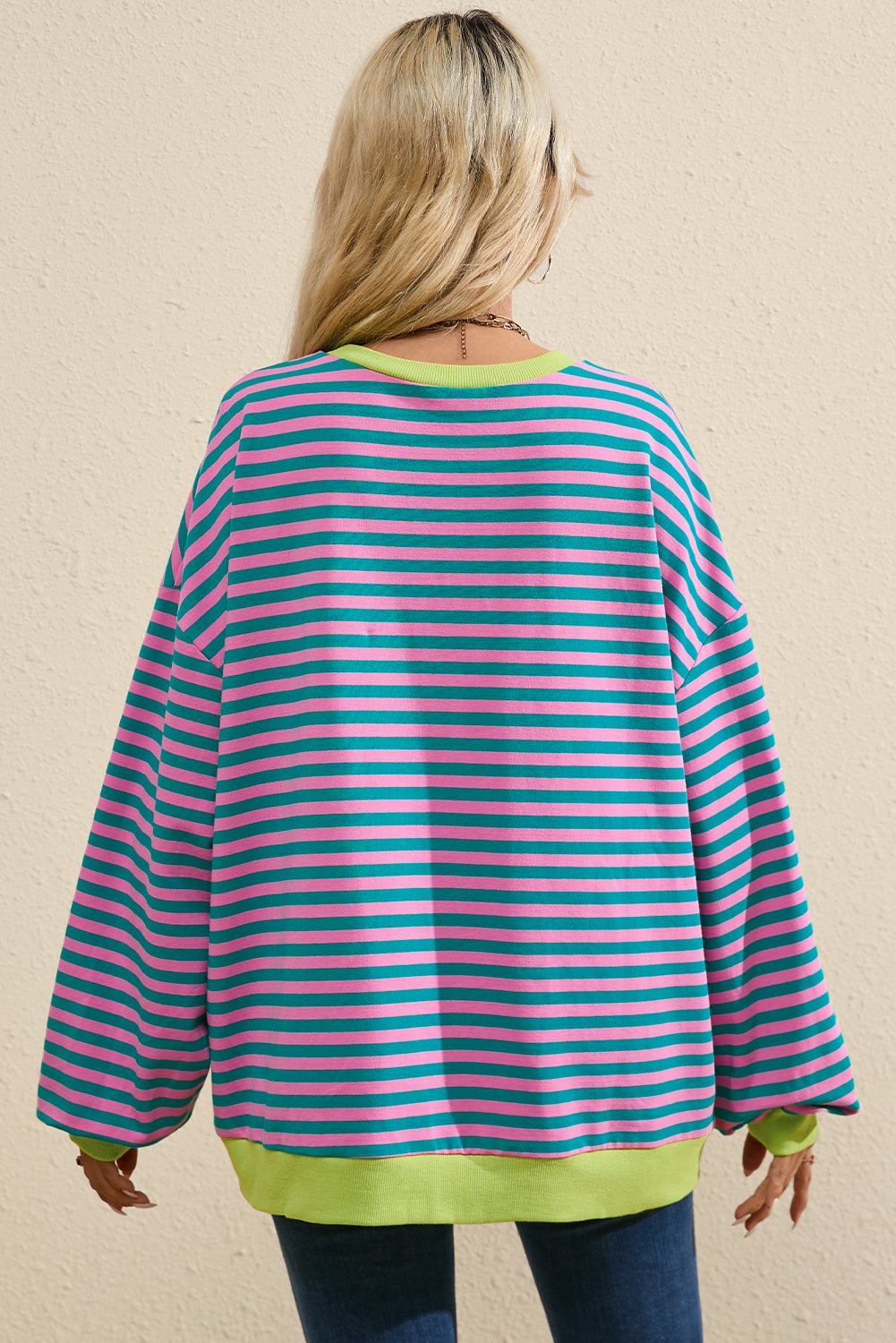 Green Stripe Oversized Contrast Trim Pullover Sweatshirt Sweatshirts & Hoodies JT's Designer Fashion