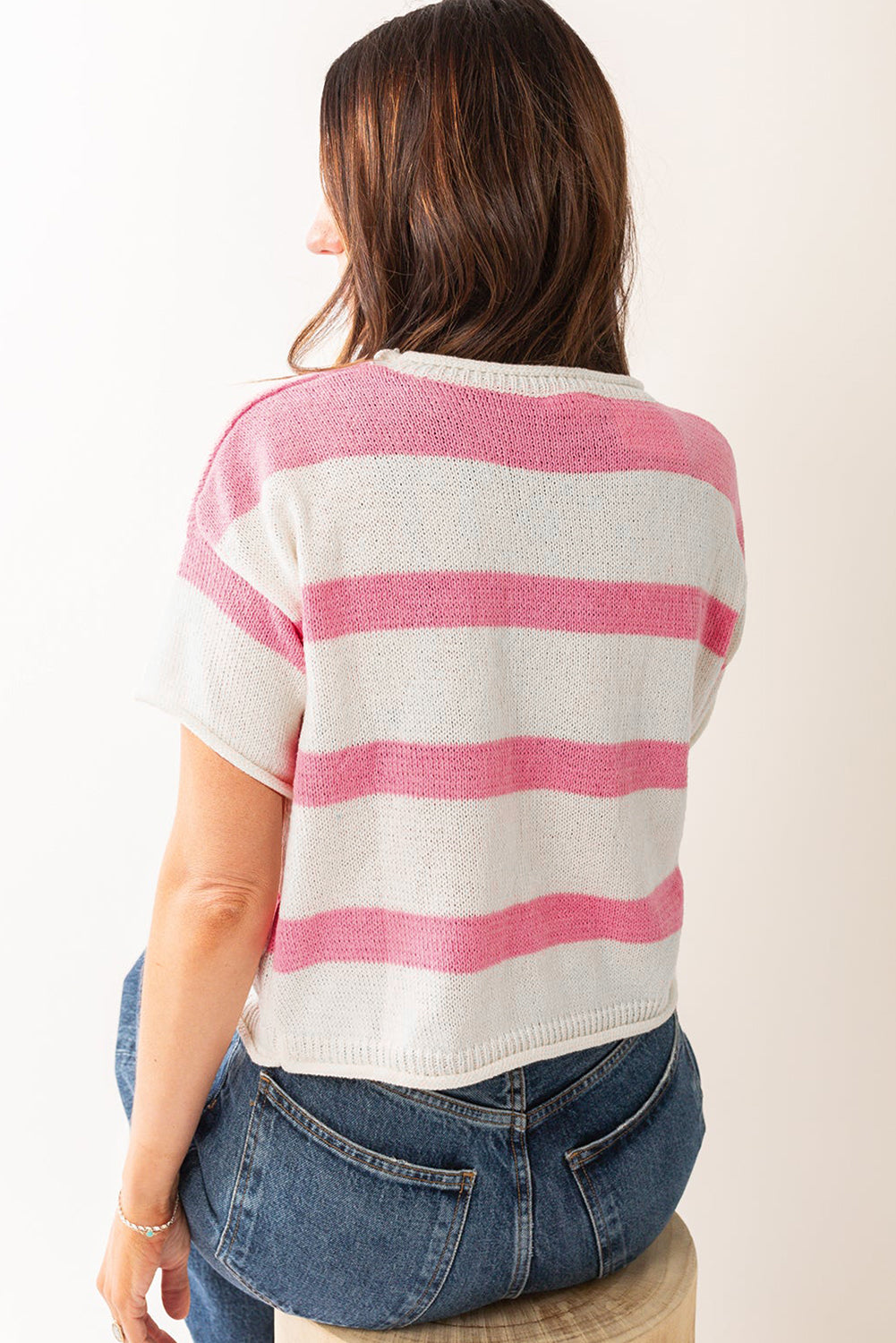 Pink Stripe Dropped Short Sleeve Lightweight Knitted Top Sweaters & Cardigans JT's Designer Fashion