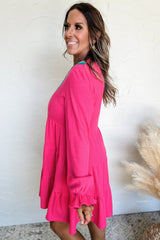 Rose Red Colorful Crochet V Neck Textured Tiered Ruffled Long Sleeve Mini Dress Mini Dresses JT's Designer Fashion
