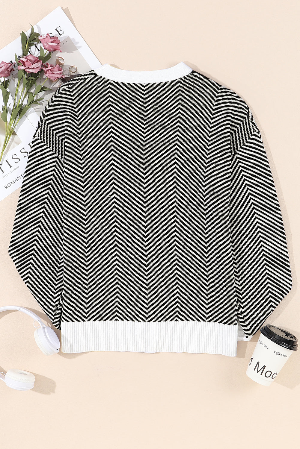 Black Stripe Buttoned Front V Neck Herringbone Cardigan Cardigans JT's Designer Fashion