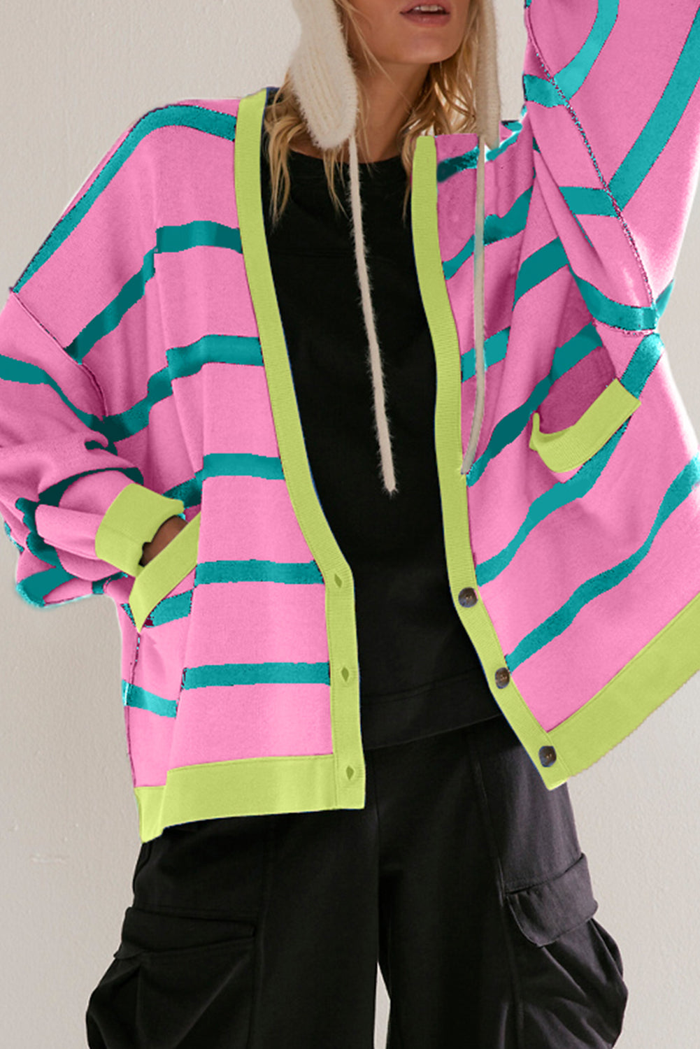 Pink Stripe Colorblock Drop Shoulder Buttoned Loose Cardigan Pink Stripe 50%Viscose+28%Polyester+22%Polyamide Cardigans JT's Designer Fashion
