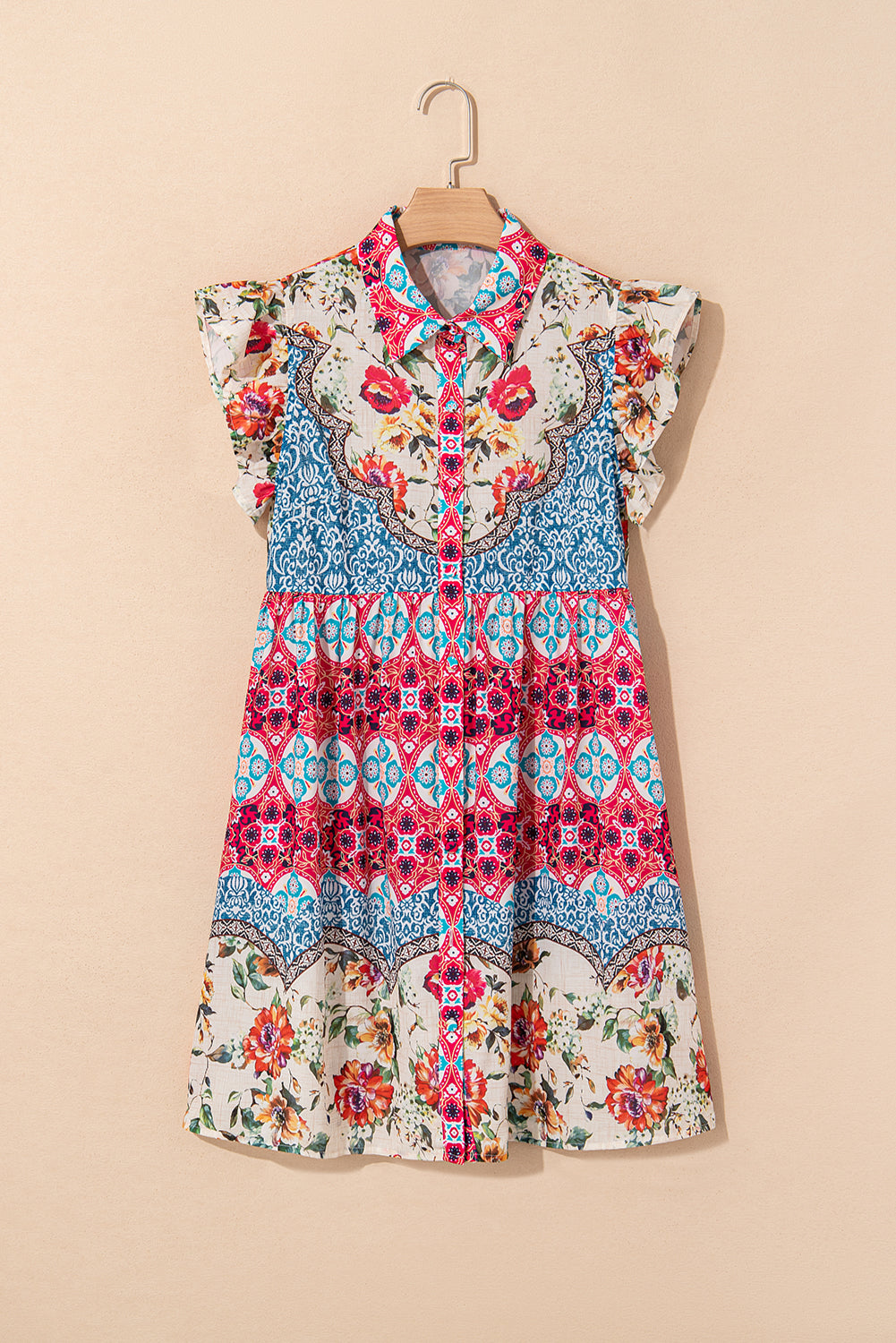 Rose Floral Mixed Pattern Ruffle Flutter Sleeve Buttoned Dress Floral Dresses JT's Designer Fashion