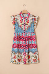 Rose Floral Mixed Pattern Ruffle Flutter Sleeve Buttoned Dress Floral Dresses JT's Designer Fashion