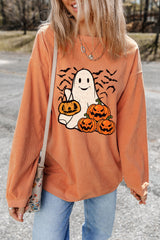 Orange Halloween Ghost Pumpkin Bat Print Corded Pullover Sweatshirt Graphic Sweatshirts JT's Designer Fashion