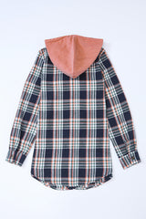 Pink Contrast Hooded Drawstring Plaid Shacket Plaid Shackets JT's Designer Fashion
