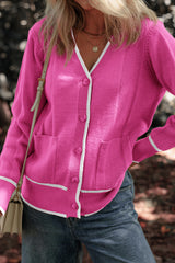 Bright Pink Color Contrast Side Pockets Button V Neck Cardigan Bright Pink 50%Viscose+28%Polyester+22%Polyamide Cardigans JT's Designer Fashion