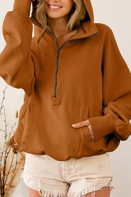 Brown Ribbed Trim Kangaroo Pocket Zipped Hoodie Sweatshirts & Hoodies JT's Designer Fashion