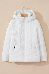 White Solid Quilted Hooded Zip Up Puffer Coat Jackets JT's Designer Fashion
