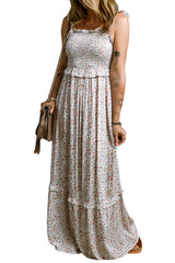 White Lace Frilly Straps Shirred Floral Maxi Dress Dresses JT's Designer Fashion
