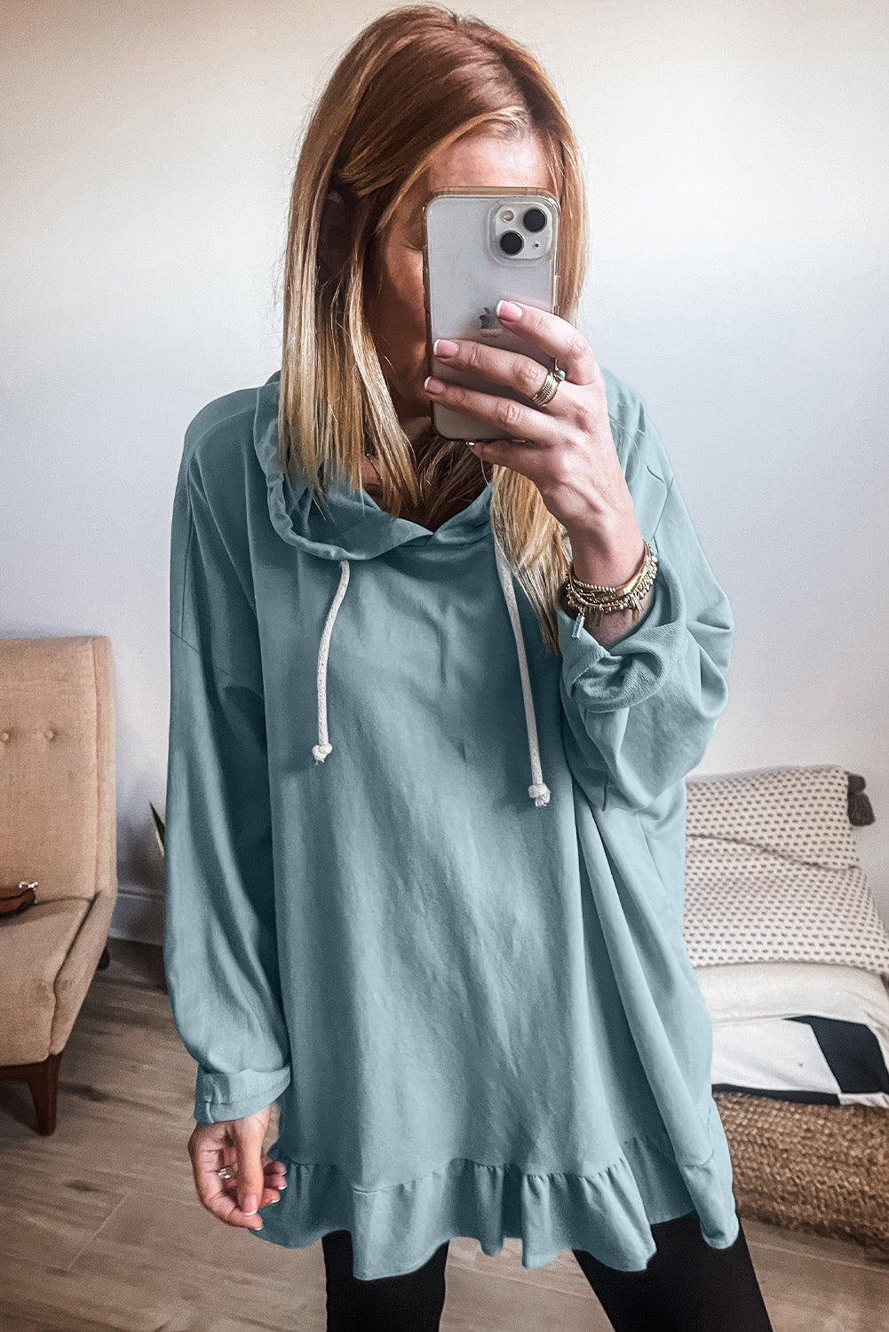 Iceland Blue Solid Ruffled Hem Loose Fit Tunic Hoodie Sweatshirts & Hoodies JT's Designer Fashion