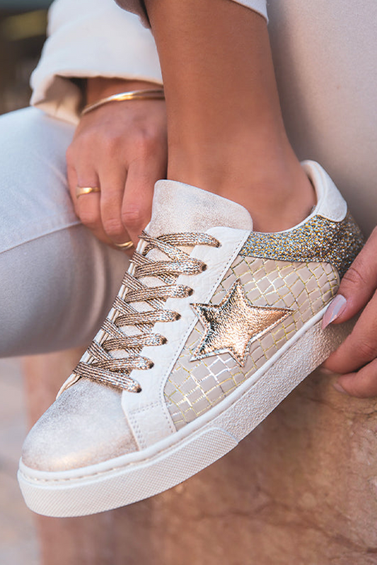 Gold Glitter Star Patchwork Leather Lace-up Sneakers Women's Shoes JT's Designer Fashion