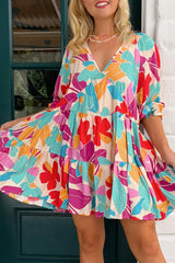 Rose Red Floral Bubble Sleeve V Neck Tiered Ruffle Babydoll Dress Floral Dresses JT's Designer Fashion