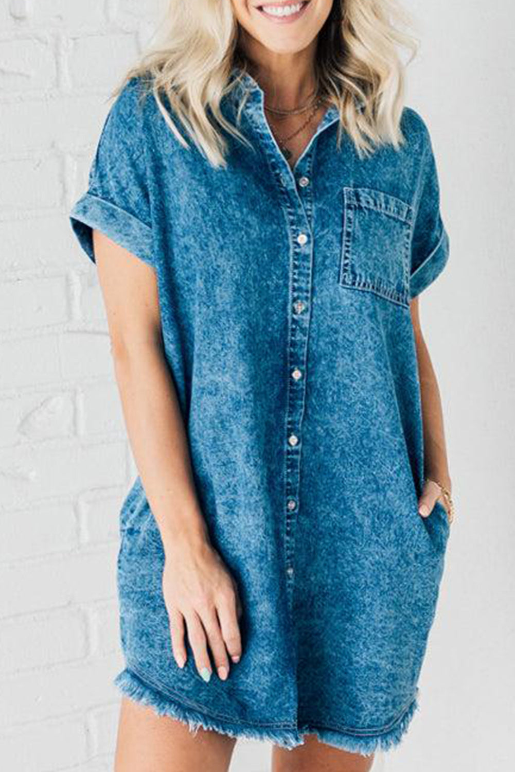 Blue Mineral Wash Cuffed Sleeve Frayed Hem Denim Dress Dresses JT's Designer Fashion