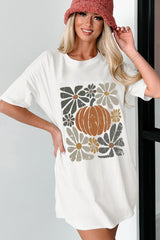 White Thanksgiving Pumpkin Print Loose Crewneck Tunic T Shirt Graphic Tees JT's Designer Fashion