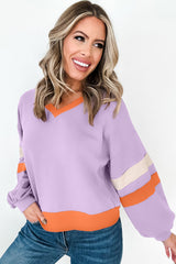 Orchid Bouquet Contrast Rib Knit Patchwork Drop Shoulder V Neck Sweatshirt Sweatshirts & Hoodies JT's Designer Fashion