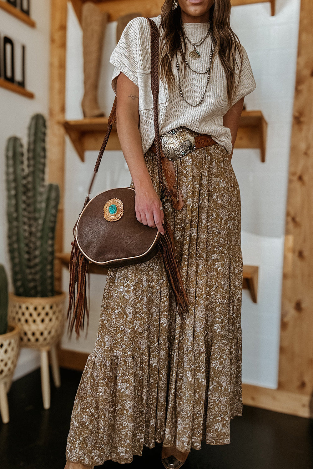 Brown Western Floral Print Ruffled Hem High Waist Loose Maxi Skirt Bottoms JT's Designer Fashion