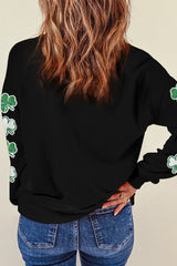 Black Sequin Clover Patched Drop Shoulder Sweatshirt Graphic Sweatshirts JT's Designer Fashion