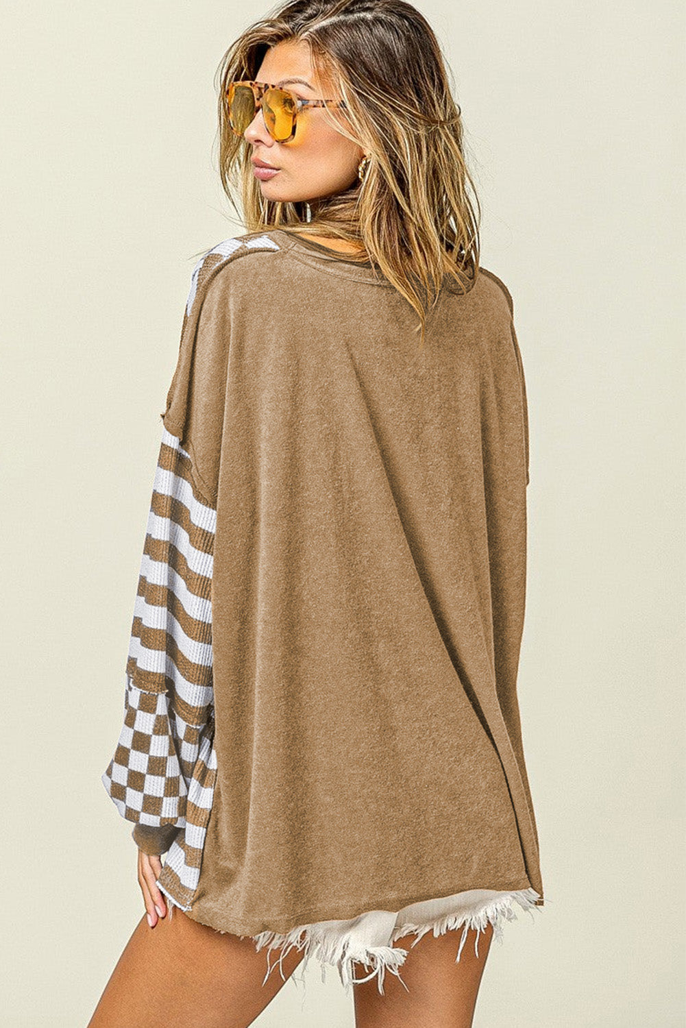 Khaki Checkerboard Striped Patchwork Lantern Sleeve Pocketed Blouse Long Sleeve Tops JT's Designer Fashion