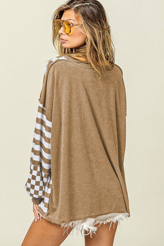 Khaki Checkerboard Striped Patchwork Lantern Sleeve Pocketed Blouse Long Sleeve Tops JT's Designer Fashion