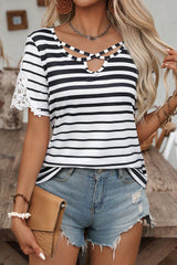 Black Stripe Cross Straps Hollowed Neck Lace Splicing Short Sleeve Blouse Black Stripe 100%Polyester Blouses & Shirts JT's Designer Fashion