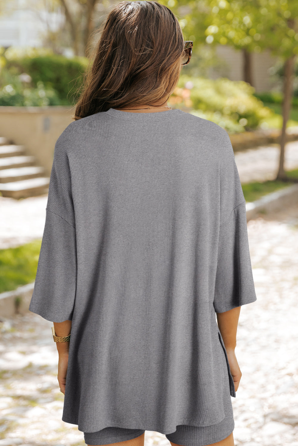 Light Grey Solid Color Loose Tunic Top and Slim Shorts Set Short Sets JT's Designer Fashion