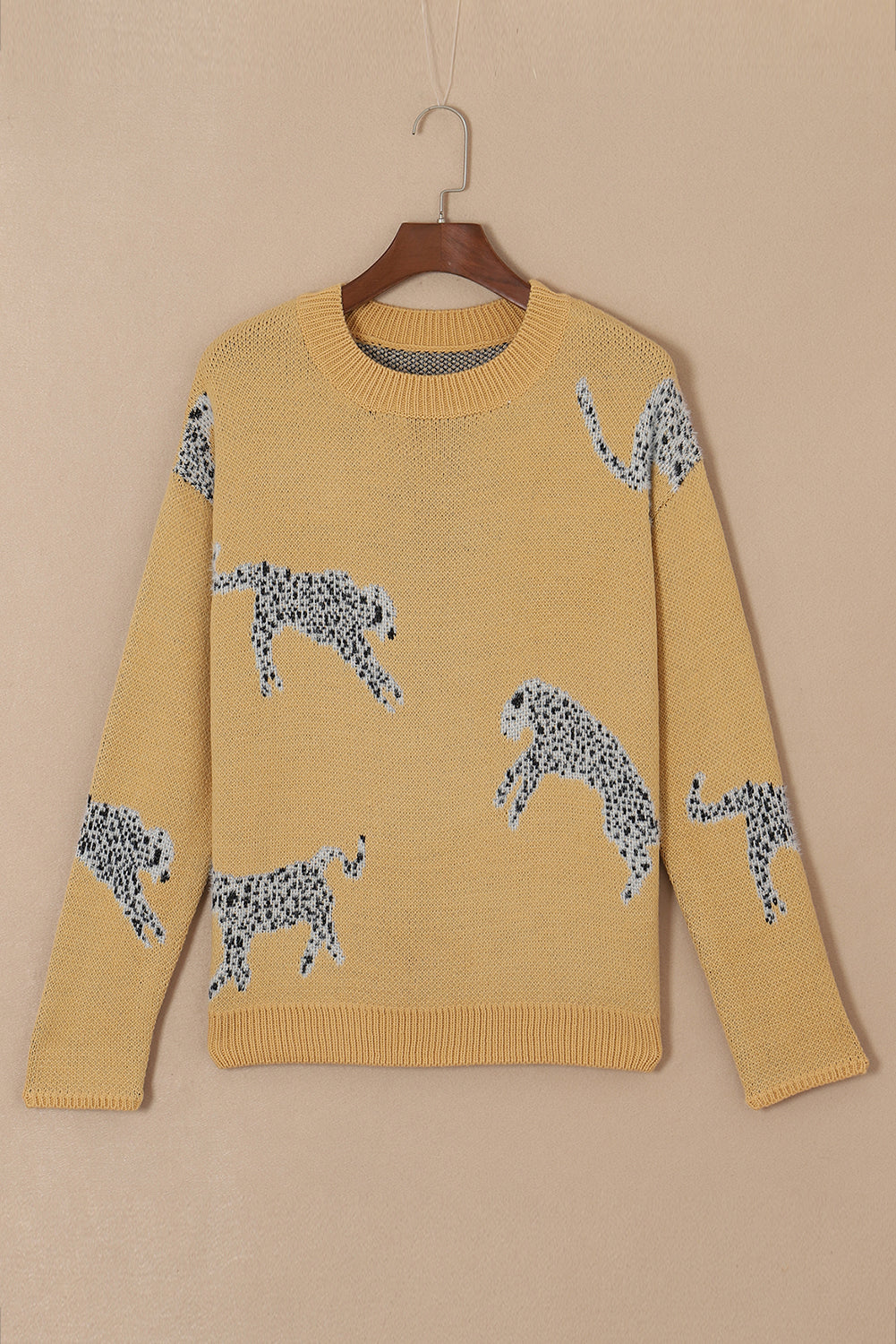 Camel Fuzzy Cheetah Accent Round Neck Sweater Sweaters & Cardigans JT's Designer Fashion